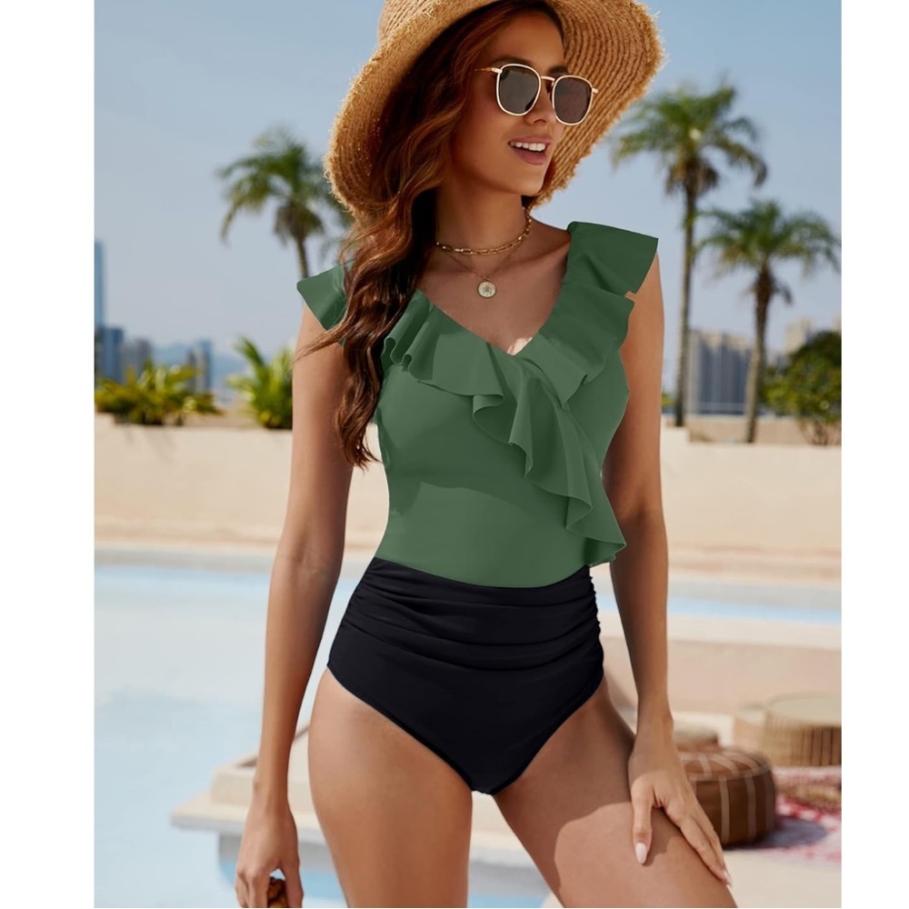 NWT Blooming Jelly Tummy Control Slimming One Piece Bathing Suit Ruffle V Neck L